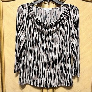 Liz Claiborne Black Taupe & White Drape Front Blouse  Top NWOT